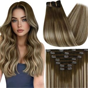 18” Brown to Blonde Balayage Clip-In Hair Extensions 100% Human Hair 8 pcs